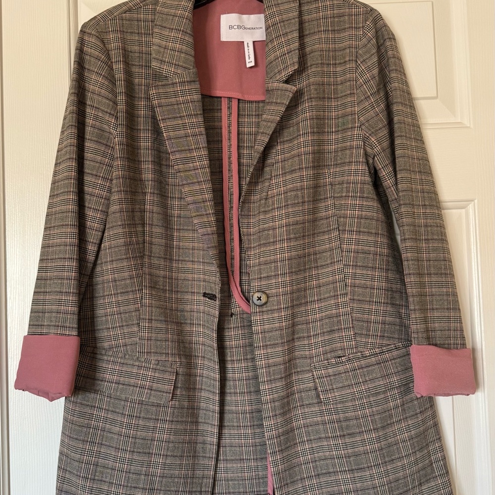 BCBGeneration Women's Plaid Blazer with Pink Accents